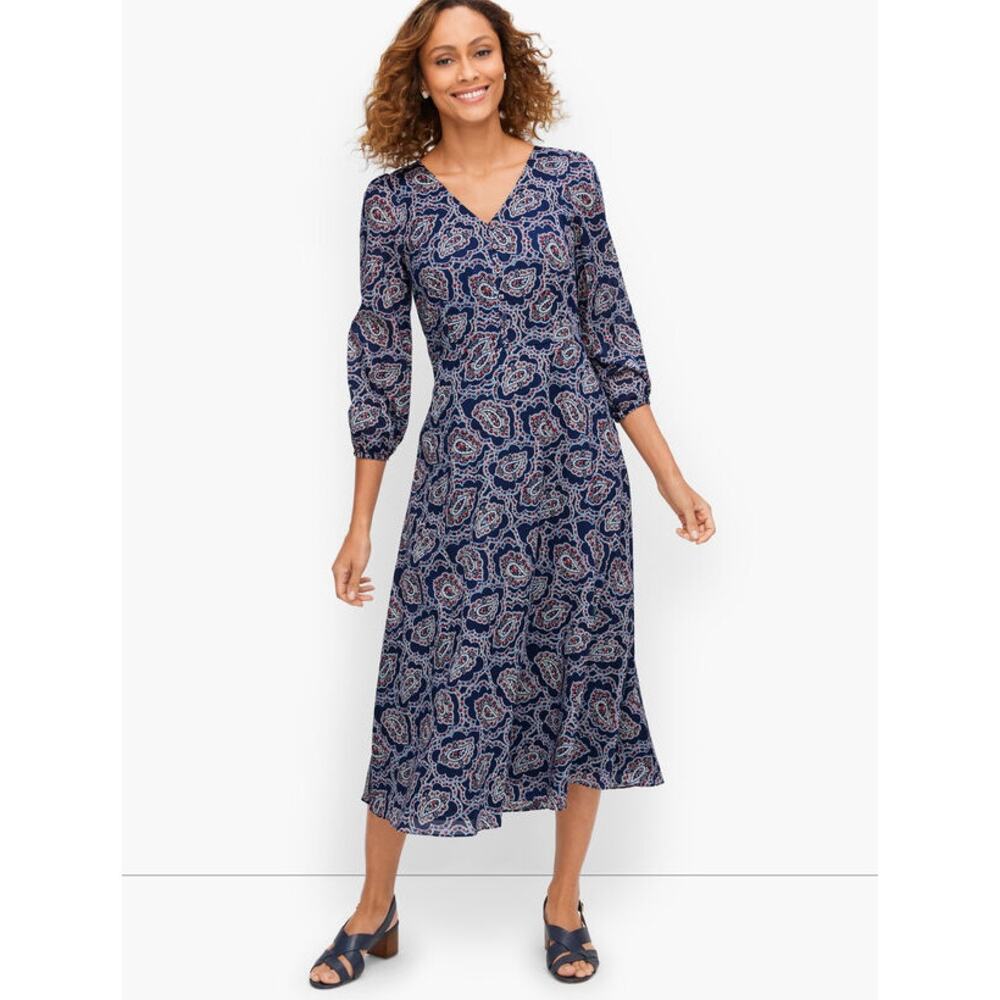 Talbots Puff Sleeve Fit and Flare Paisley Midi Dress NWT